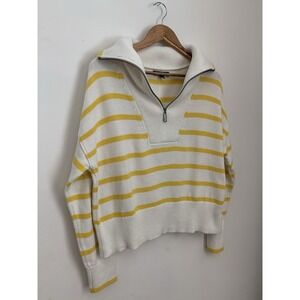 Banana Republic Organic Cotton 1/4 Zip Sweater White Yellow Stripe Prep Ivy